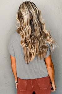 Ribbed (Gray) Short Sleeve Sweater w/ Patch Pocket