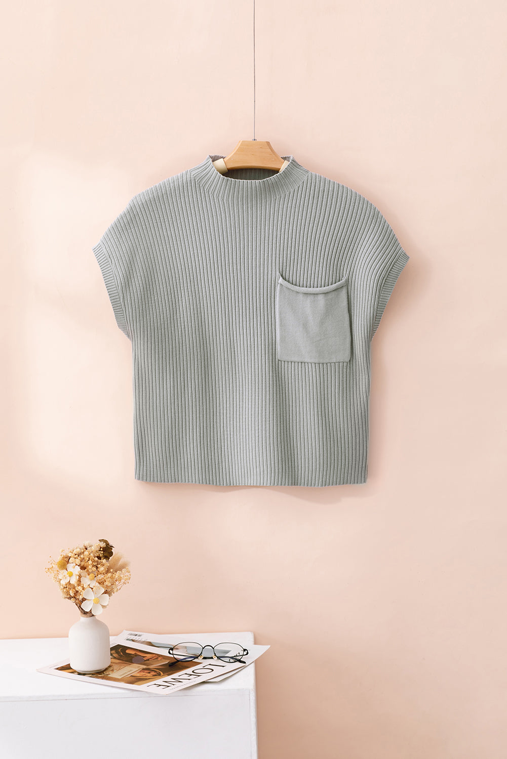 Ribbed (Gray) Short Sleeve Sweater w/ Patch Pocket