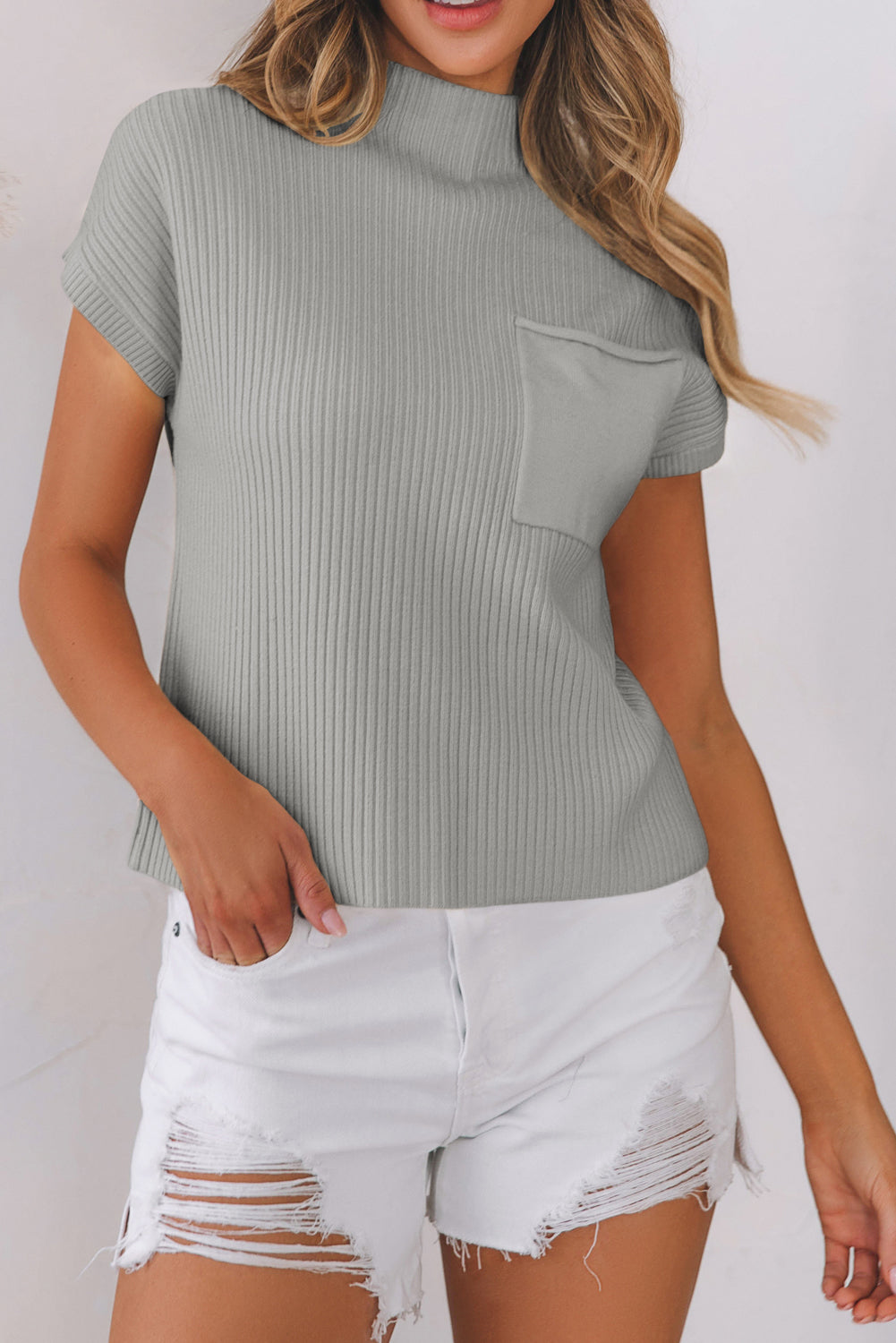 Ribbed (Gray) Short Sleeve Sweater w/ Patch Pocket
