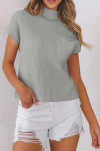 Ribbed (Gray) Short Sleeve Sweater w/ Patch Pocket
