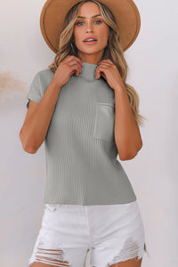 Ribbed (Gray) Short Sleeve Sweater w/ Patch Pocket
