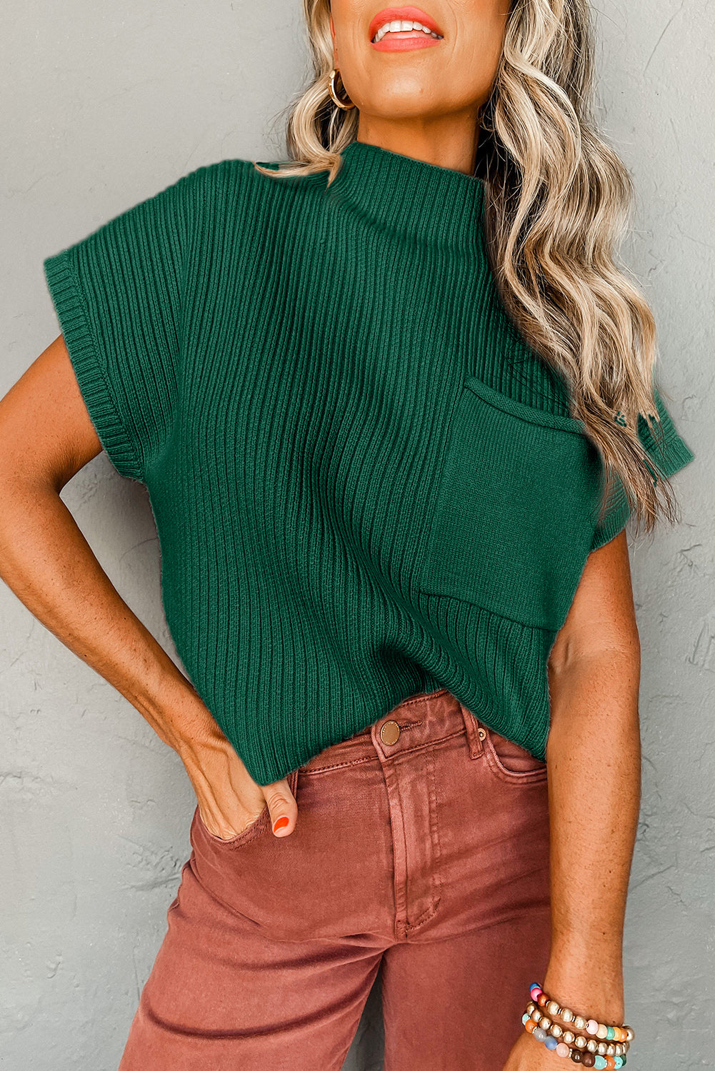 Ribbed (Dark Green) Short Sleeve Sweater w/ Patch Pocket