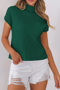 Ribbed (Dark Green) Short Sleeve Sweater w/ Patch Pocket