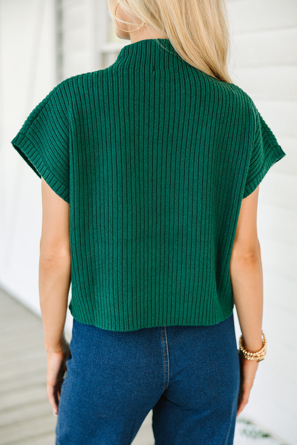 Ribbed (Dark Green) Short Sleeve Sweater w/ Patch Pocket