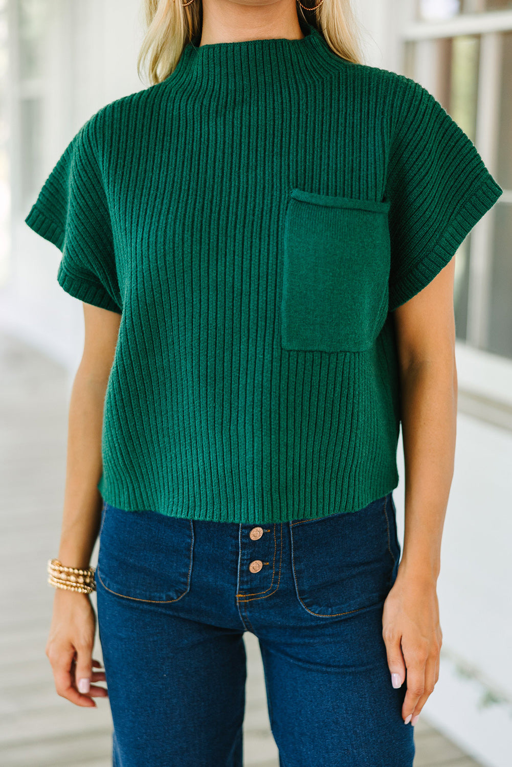 Ribbed (Dark Green) Short Sleeve Sweater w/ Patch Pocket