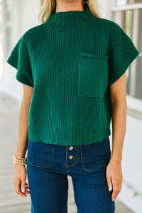 Ribbed (Dark Green) Short Sleeve Sweater w/ Patch Pocket