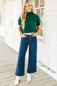 Ribbed (Dark Green) Short Sleeve Sweater w/ Patch Pocket