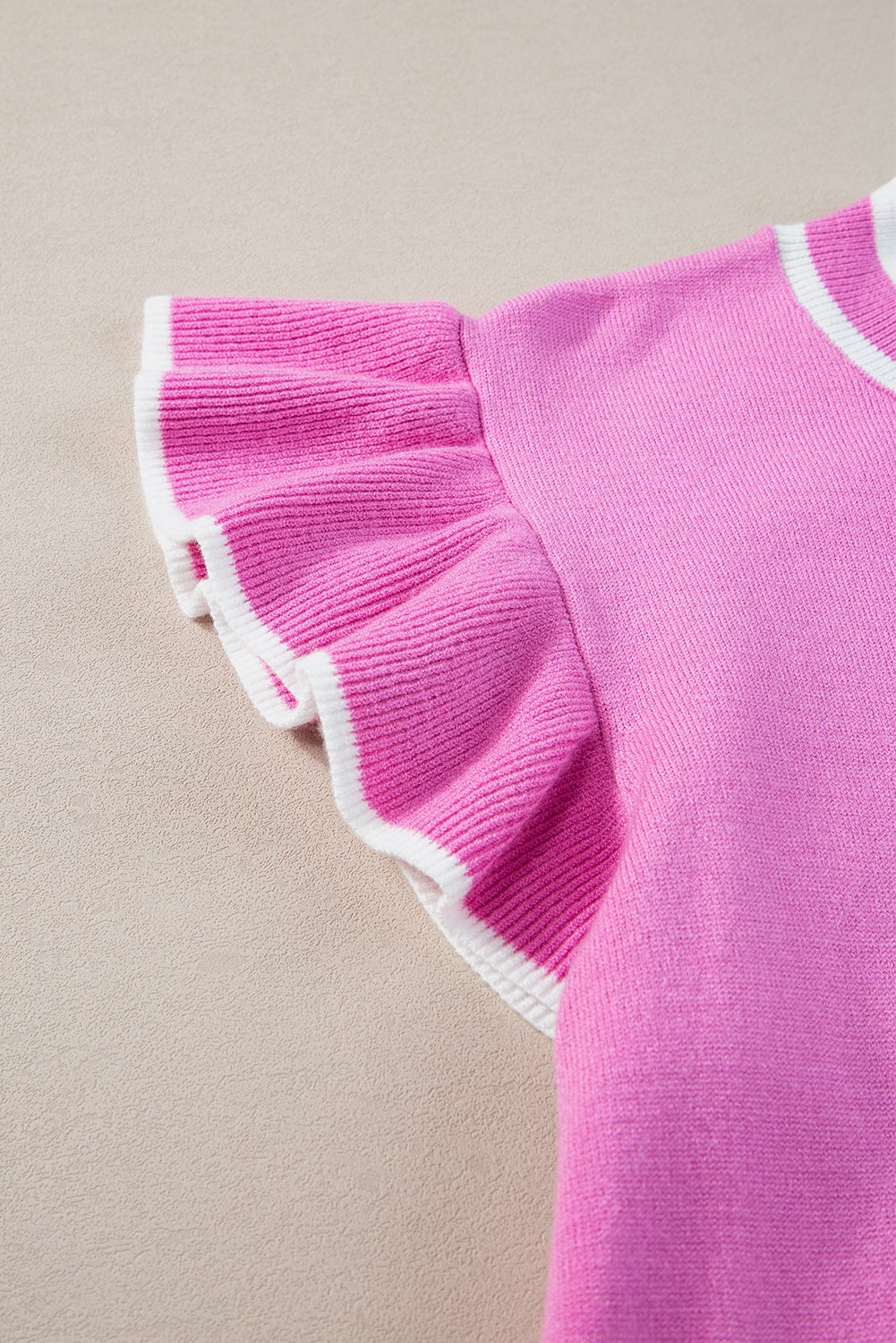 Ruffled Knit Top with Piped-Sleeves
