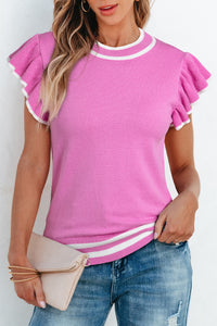 Ruffled Knit Top with Piped-Sleeves