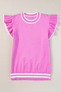 Ruffled Knit Top with Piped-Sleeves