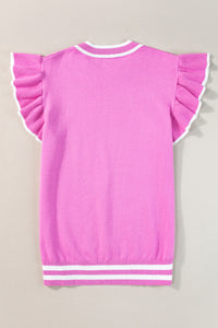 Ruffled Knit Top with Piped-Sleeves