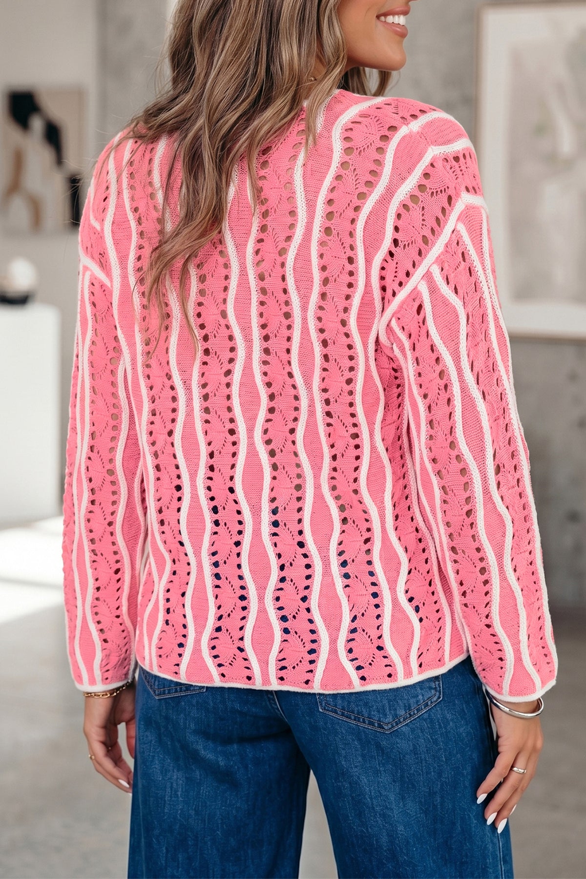 Pink & White (100% Cotton) Wavy Textured See-Thru Knit Sweater
