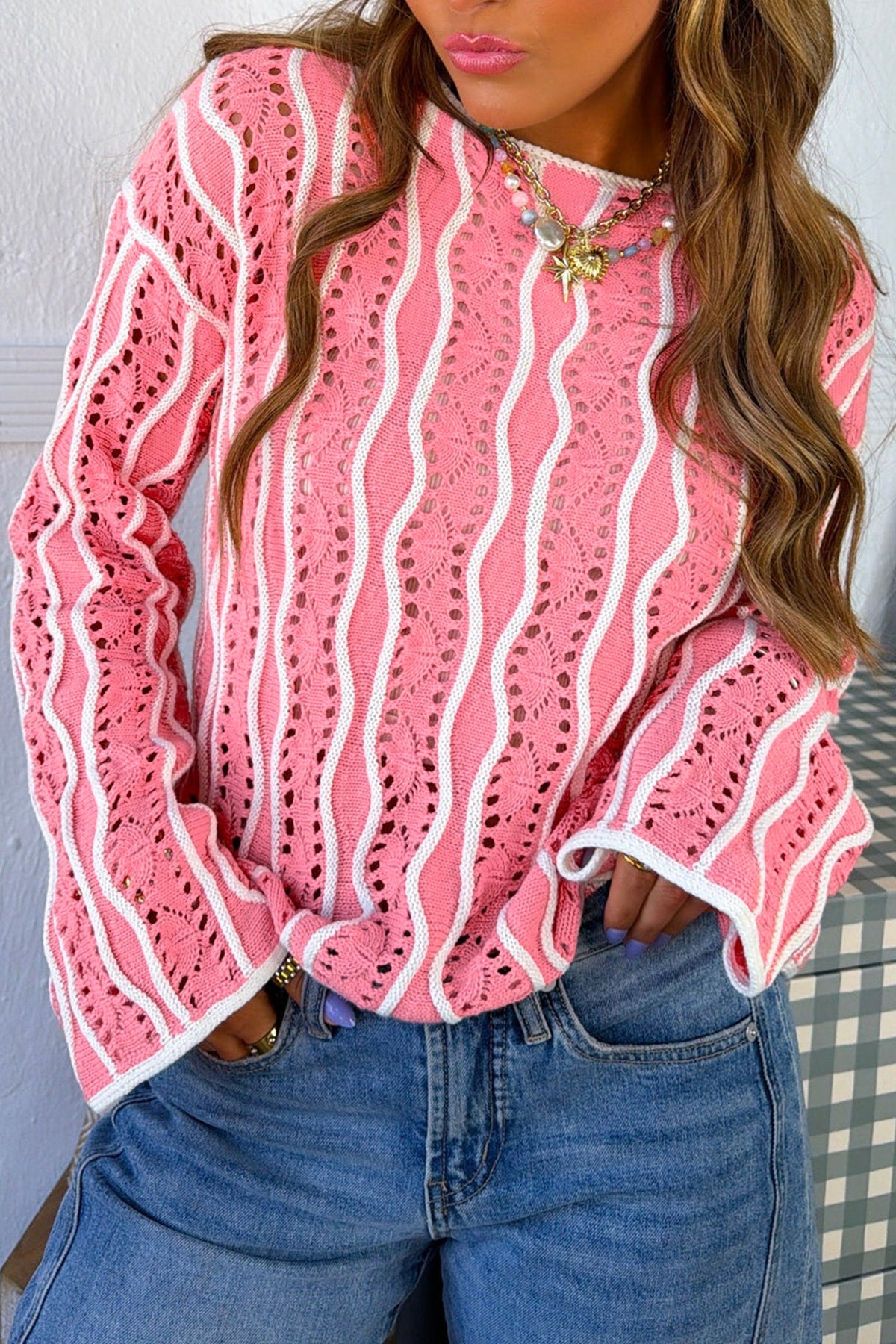 Pink & White (100% Cotton) Wavy Textured See-Thru Knit Sweater