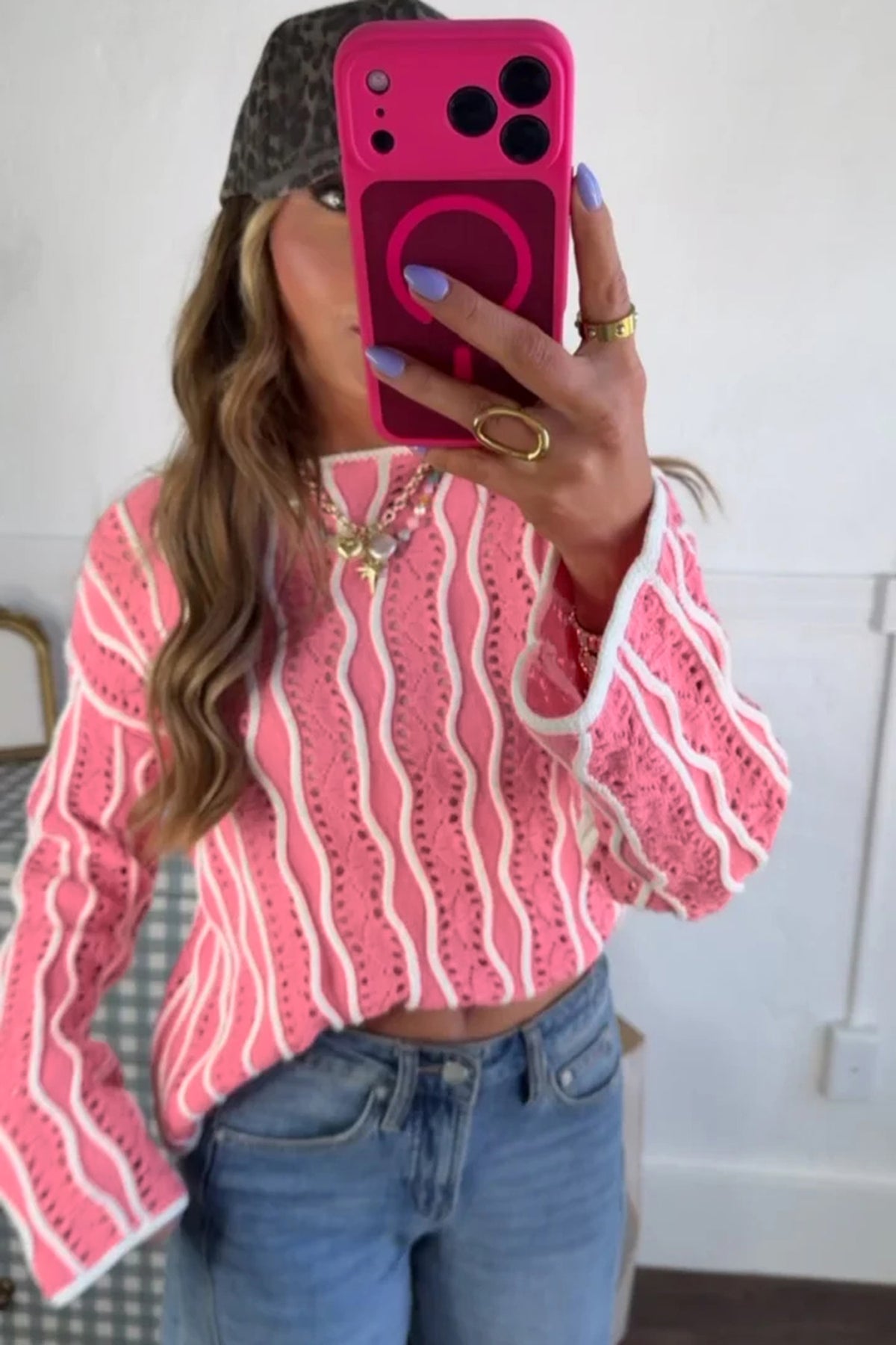 Pink & White (100% Cotton) Wavy Textured See-Thru Knit Sweater
