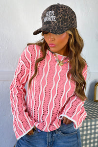 Pink & White (100% Cotton) Wavy Textured See-Thru Knit Sweater