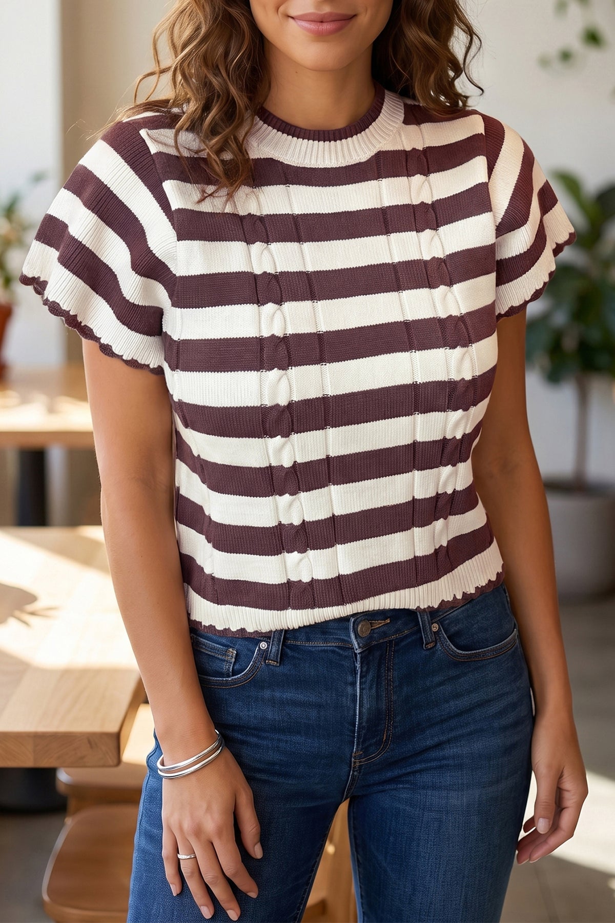 Brown Striped Cable Knit Short Sleeve Sweater