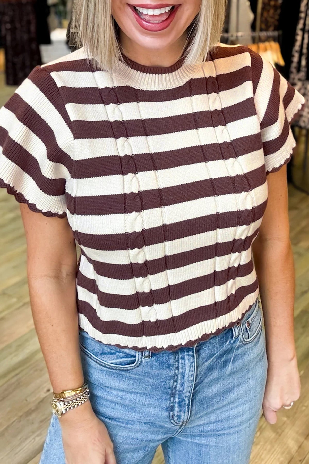 Brown Striped Cable Knit Short Sleeve Sweater