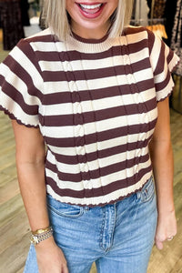 Brown Striped Cable Knit Short Sleeve Sweater