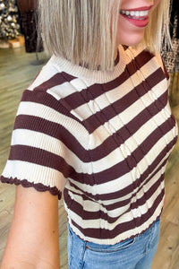 Brown Striped Cable Knit Short Sleeve Sweater
