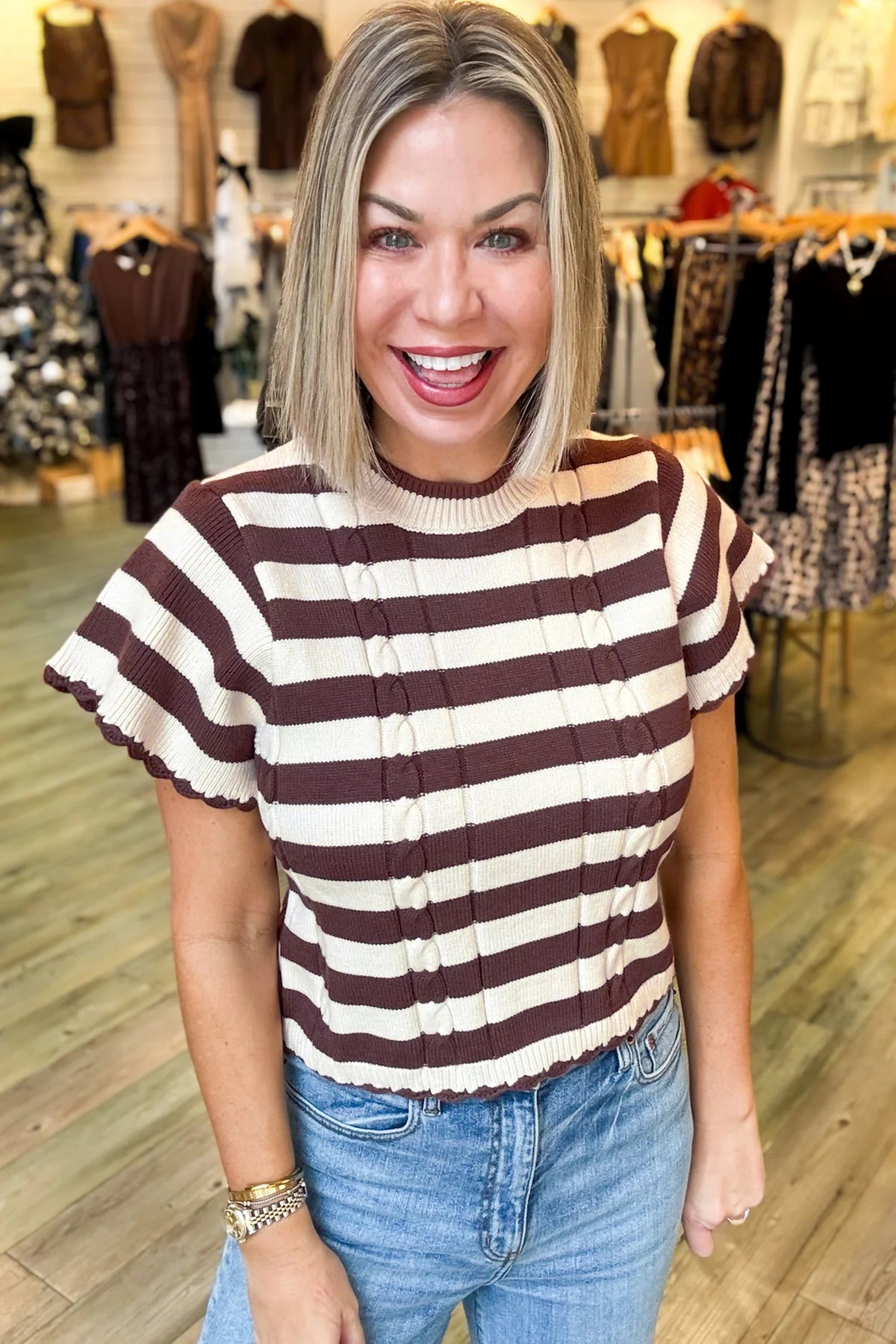 Brown Striped Cable Knit Short Sleeve Sweater
