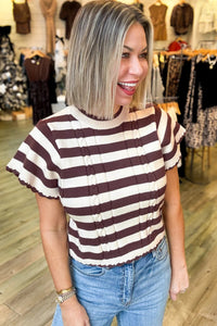 Brown Striped Cable Knit Short Sleeve Sweater