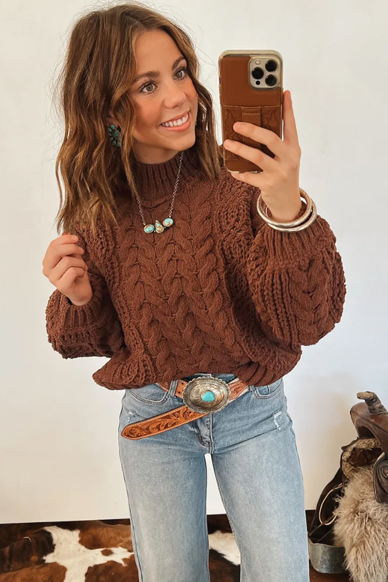 Bronco Babe (Latte) Cable Knit Sweater