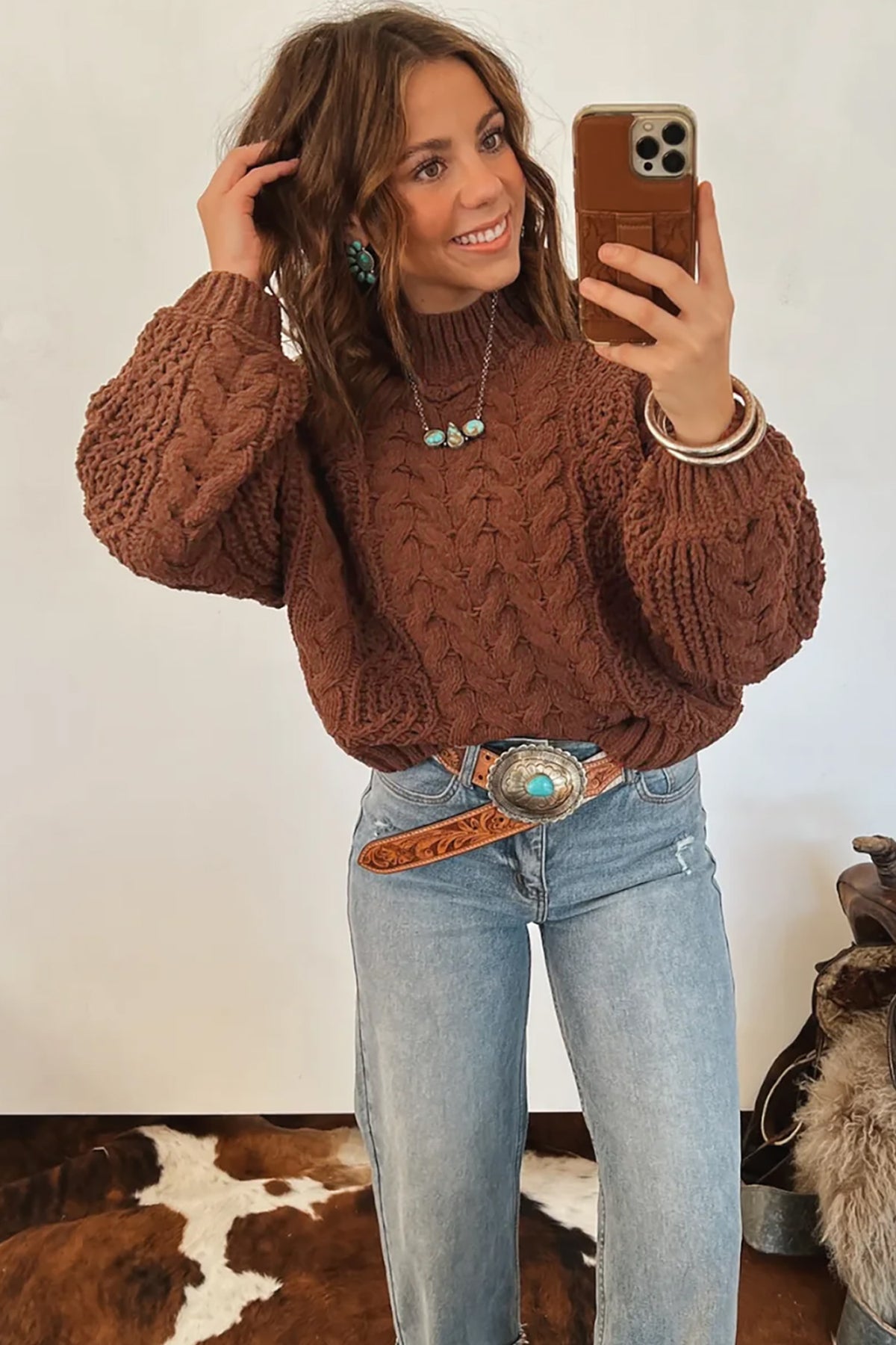 Bronco Babe (Latte) Cable Knit Sweater