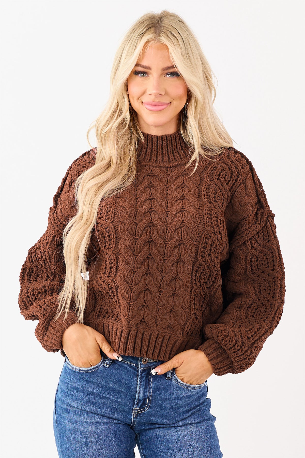 Bronco Babe (Latte) Cable Knit Sweater