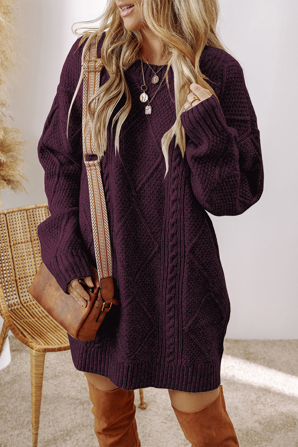 Betty (Burgandy) Drop Shoulder Cable Knit Sweater Dress