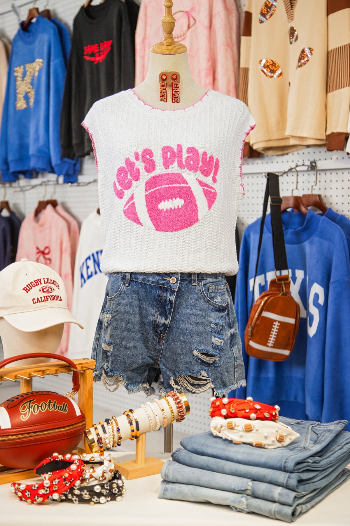 "Let's Play Football" 100% Cotton White & Pink Sleeveless Knit Sweater