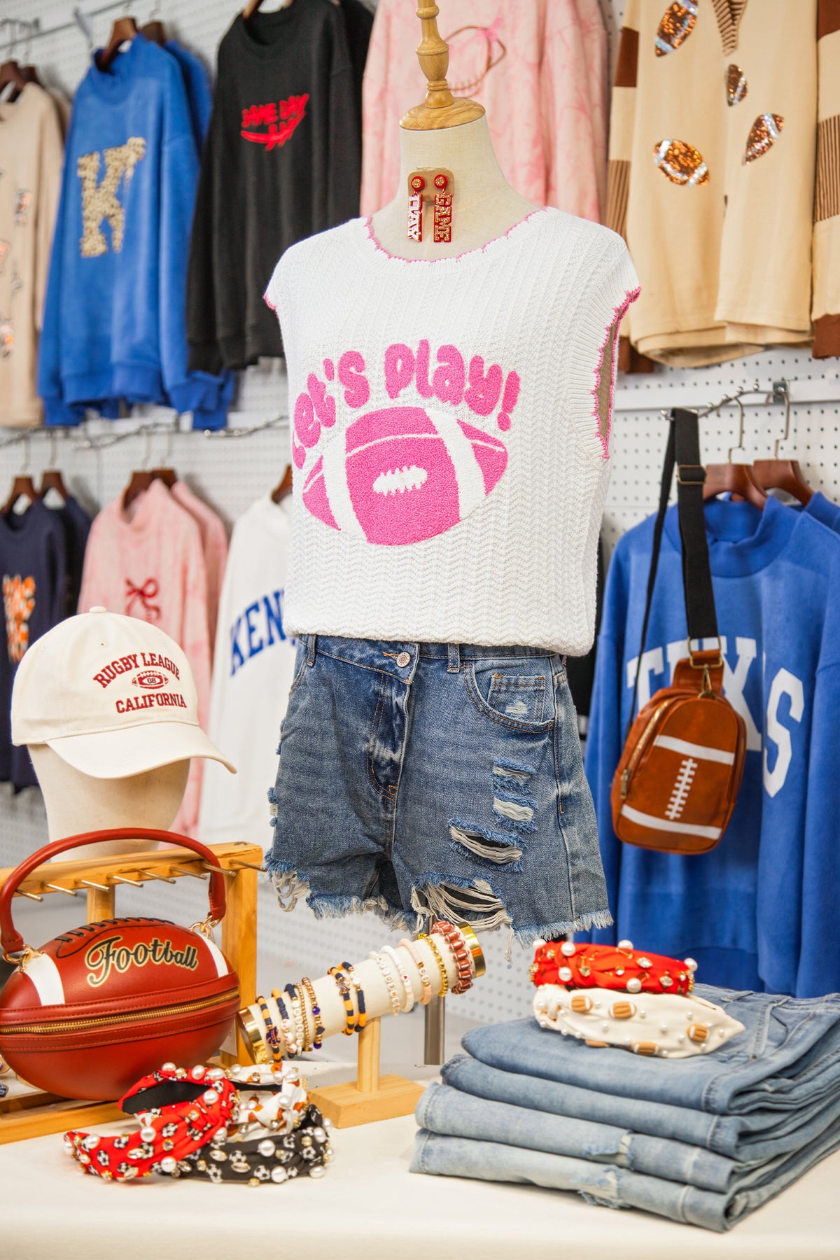 "Let's Play Football" 100% Cotton White & Pink Sleeveless Knit Sweater