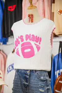 "Let's Play Football" 100% Cotton White & Pink Sleeveless Knit Sweater