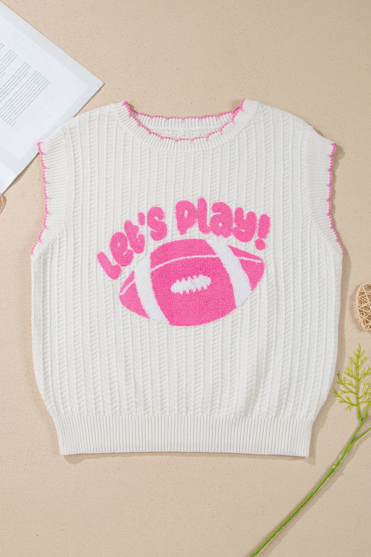 "Let's Play Football" 100% Cotton White & Pink Sleeveless Knit Sweater