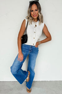 Sleeveless Lightweight (Off-White) Knit Top w/Metal Buttons