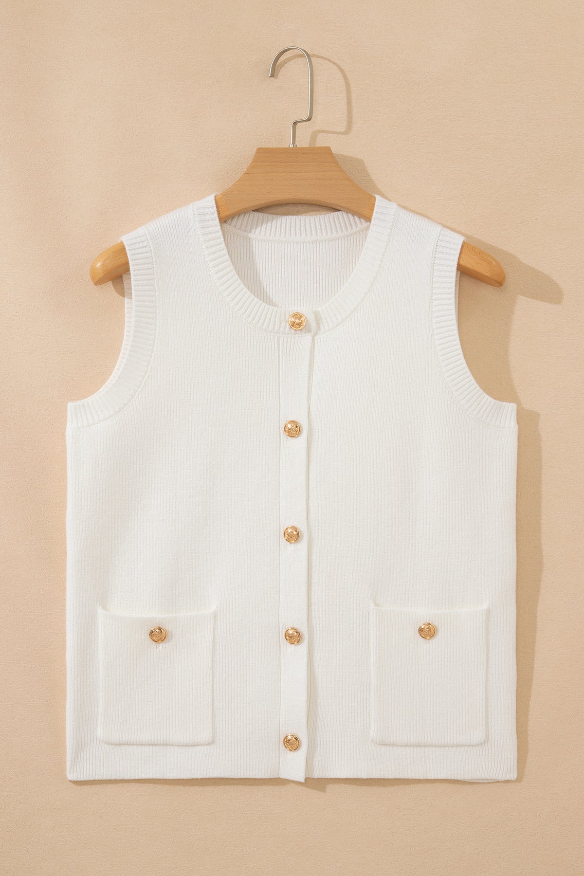 Sleeveless Lightweight (Off-White) Knit Top w/Metal Buttons