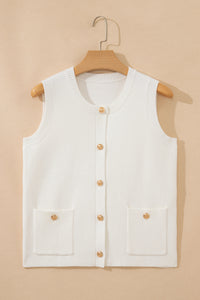 Sleeveless Lightweight (Off-White) Knit Top w/Metal Buttons