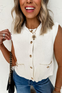 Sleeveless Lightweight (Off-White) Knit Top w/Metal Buttons