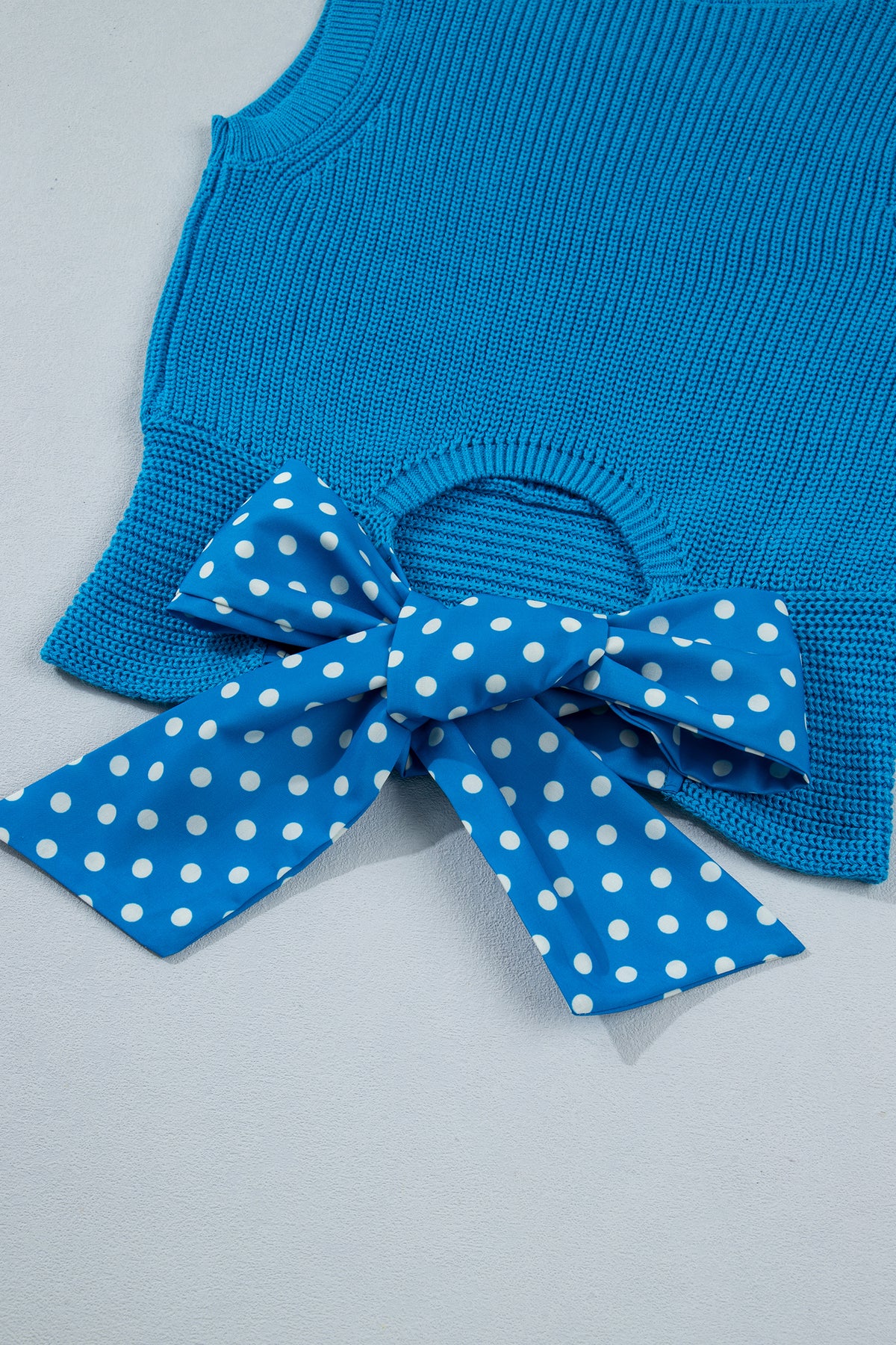 Blue Cropped Sweater Tank Top w/ Back Polka Dot Bow