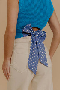 Blue Cropped Sweater Tank Top w/ Back Polka Dot Bow