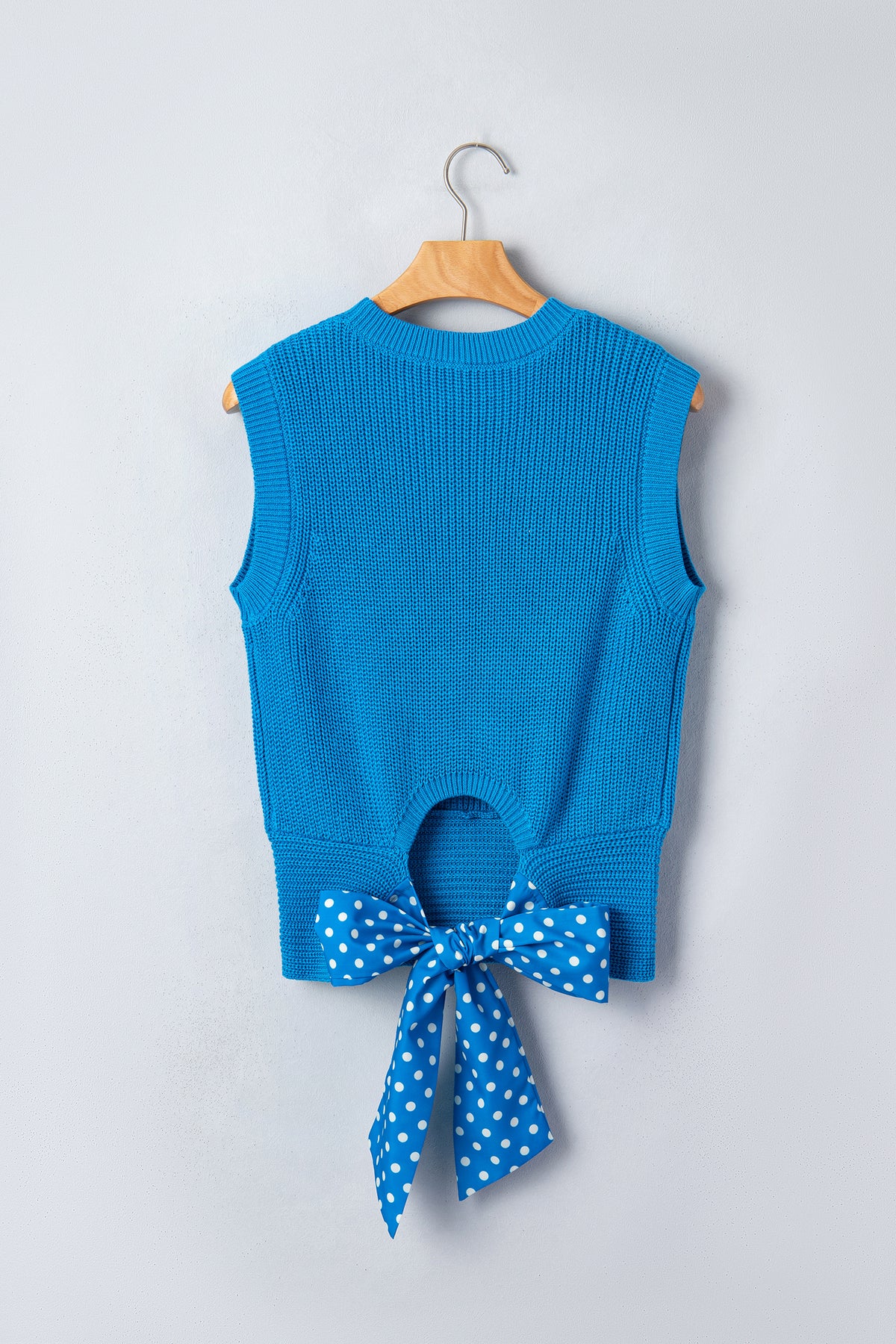 Blue Cropped Sweater Tank Top w/ Back Polka Dot Bow