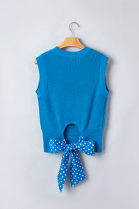 Blue Cropped Sweater Tank Top w/ Back Polka Dot Bow