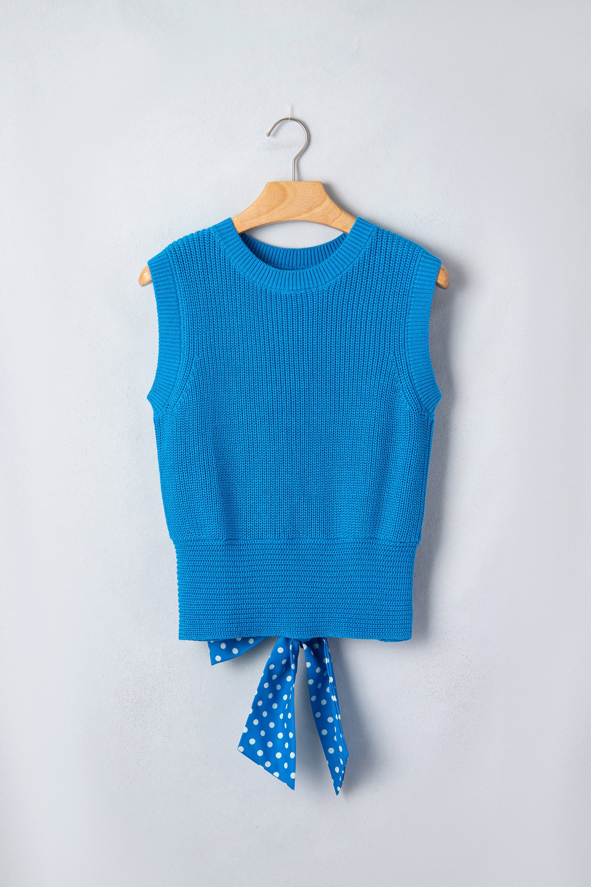 Blue Cropped Sweater Tank Top w/ Back Polka Dot Bow