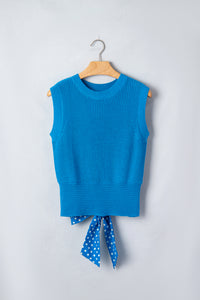 Blue Cropped Sweater Tank Top w/ Back Polka Dot Bow
