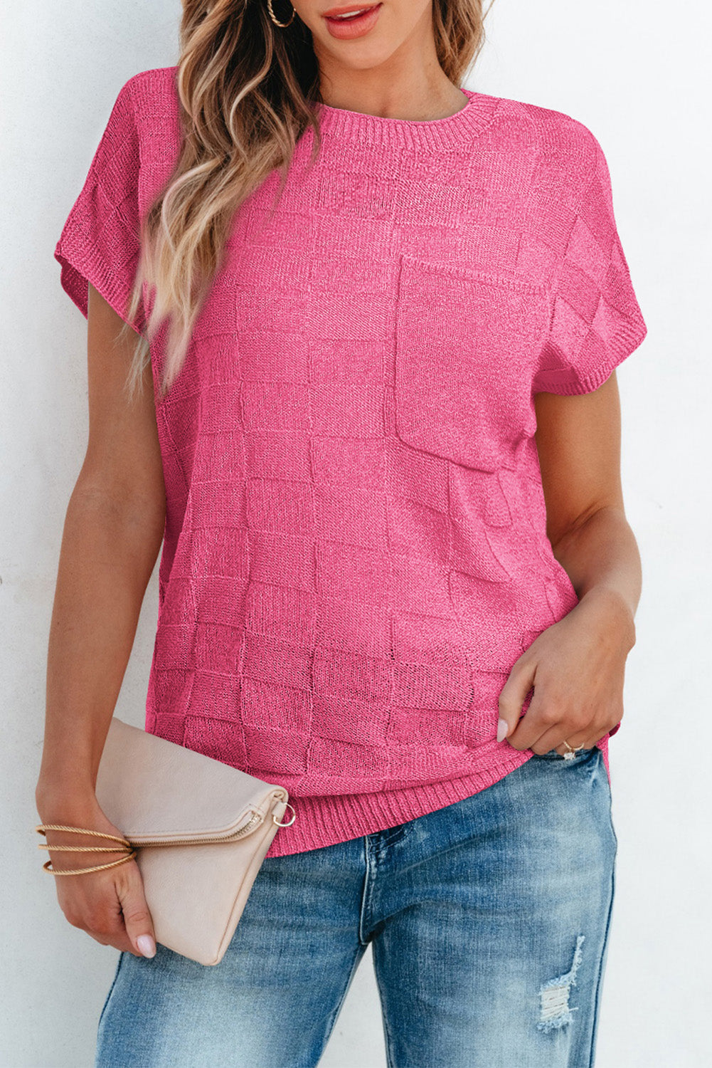 Bold Pink Muted Checker Knit Short-Sleeve Top