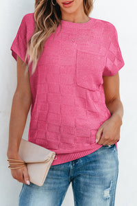 Bold Pink Muted Checker Knit Short-Sleeve Top