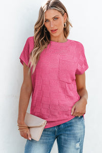 Bold Pink Muted Checker Knit Short-Sleeve Top