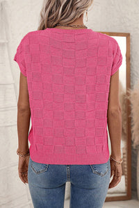 Bold Pink Muted Checker Knit Short-Sleeve Top