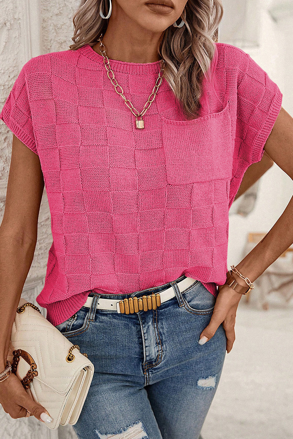 Bold Pink Muted Checker Knit Short-Sleeve Top