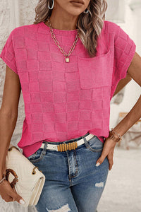 Bold Pink Muted Checker Knit Short-Sleeve Top