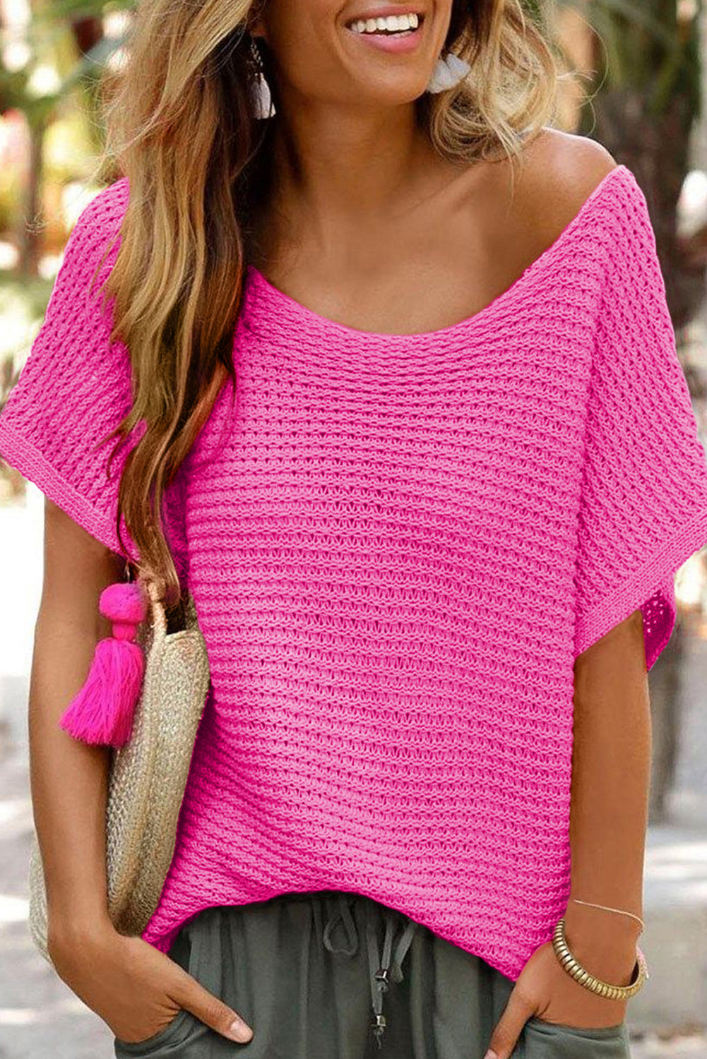 Bright Pink Knit Short-Sleeve Sweater